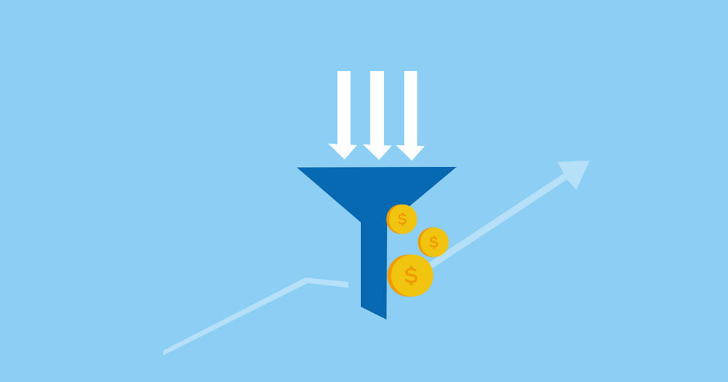 An infographic showing arrows going into a funnel with an upward-angled arrow and money symbols; Published as part of "A bad conversion optimization strategy may be costing your business real revenue"
