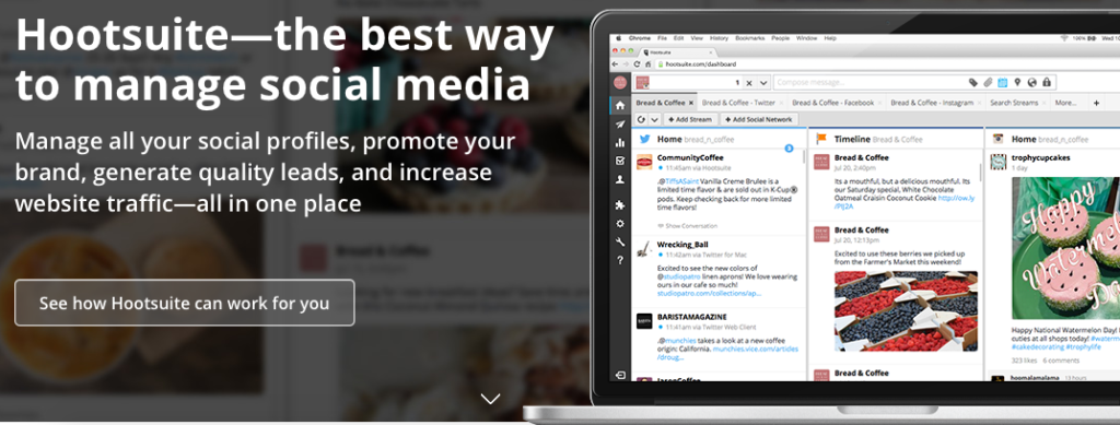 A screenshot of the Hootsuite homepage, published as part of "3 Digital Marketing Tools for Small Businesses" and "Social Media for Non-Profits: 3 Tips for Success"