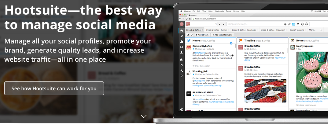 A screenshot of the Hootsuite homepage, published as part of "3 Digital Marketing Tools for Small Businesses"