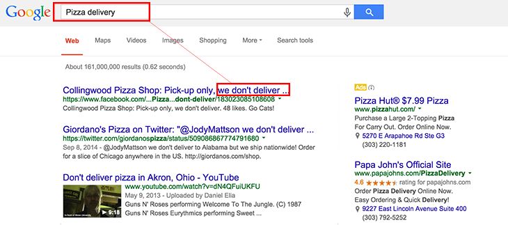 Example search results highlighting ineffective local SEO, published as part of "Being the Top Search Result on Google: Local vs National SEO"