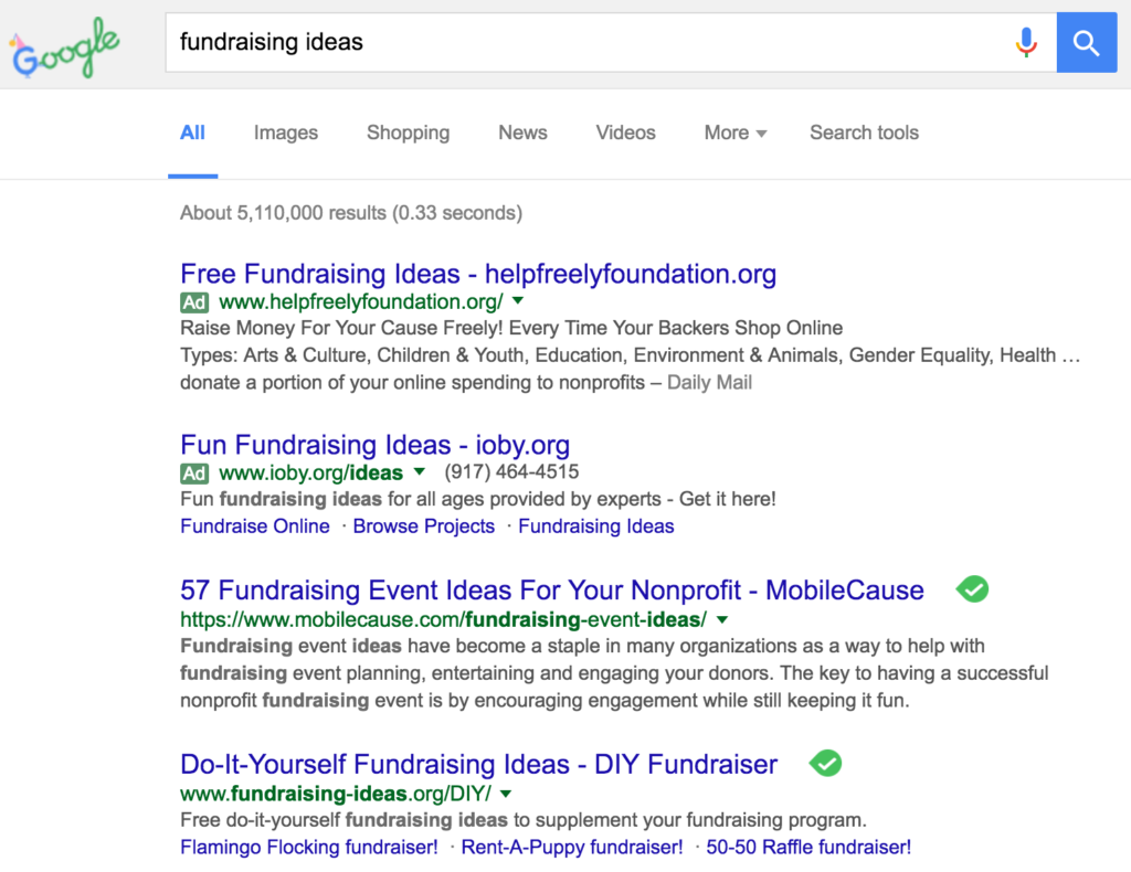 Google Ads shown for the keyword "fundraising ideas," published as part of "3 Free Online Fundraising Tools for Non-Profits"