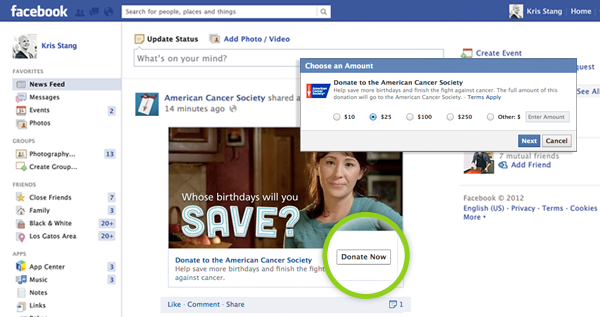 An example of the "Donate Now" button on a Facebook ad for the American Cancer Society, published to "3 Free Online Fundraising Tools for Non-Profits"