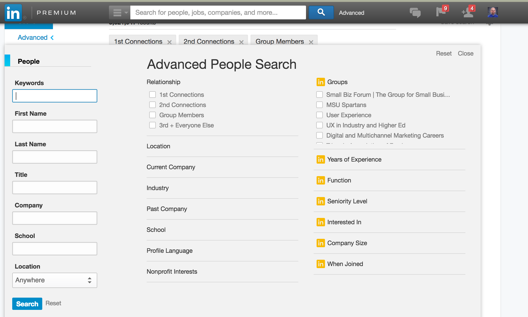 A screenshot of the LinkedIn advanced search interface, published to "3 Tips for LinkedIn Marketing for Small Businesses and Non-Profits"