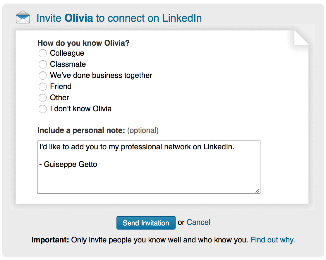 A screenshot of LinkedIn's connection request interface, published to "3 Tips for LinkedIn Marketing for Small Businesses and Non-Profits"