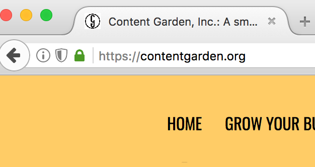 A screenshot of the secure Content Garden website address, published to "HTTP vs HTTPS: Do I Need an SSL Certificate on My WordPress Website?" and "3 Tips for Converting Your WordPress Website to SSL for Free"