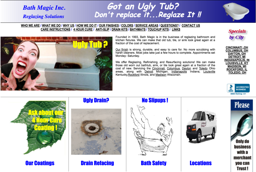 The Ugly Tub webpage, showcased as a very hideous website, published to "How to Spot a Bad Web Designer: 5 Warning Signs"
