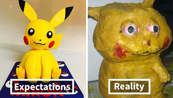 An example of a well-made and poorly made Pikachu cake with the words "Expectation vs. Reality," published to "3 Reasons Why You Shouldn't Design Your Own Website"