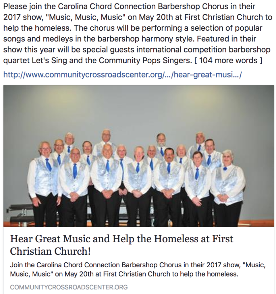 An example social media post from a non-profit client that shows a community chorus is performing, published to "Social Media for Non-Profits: 3 Tips for Success"