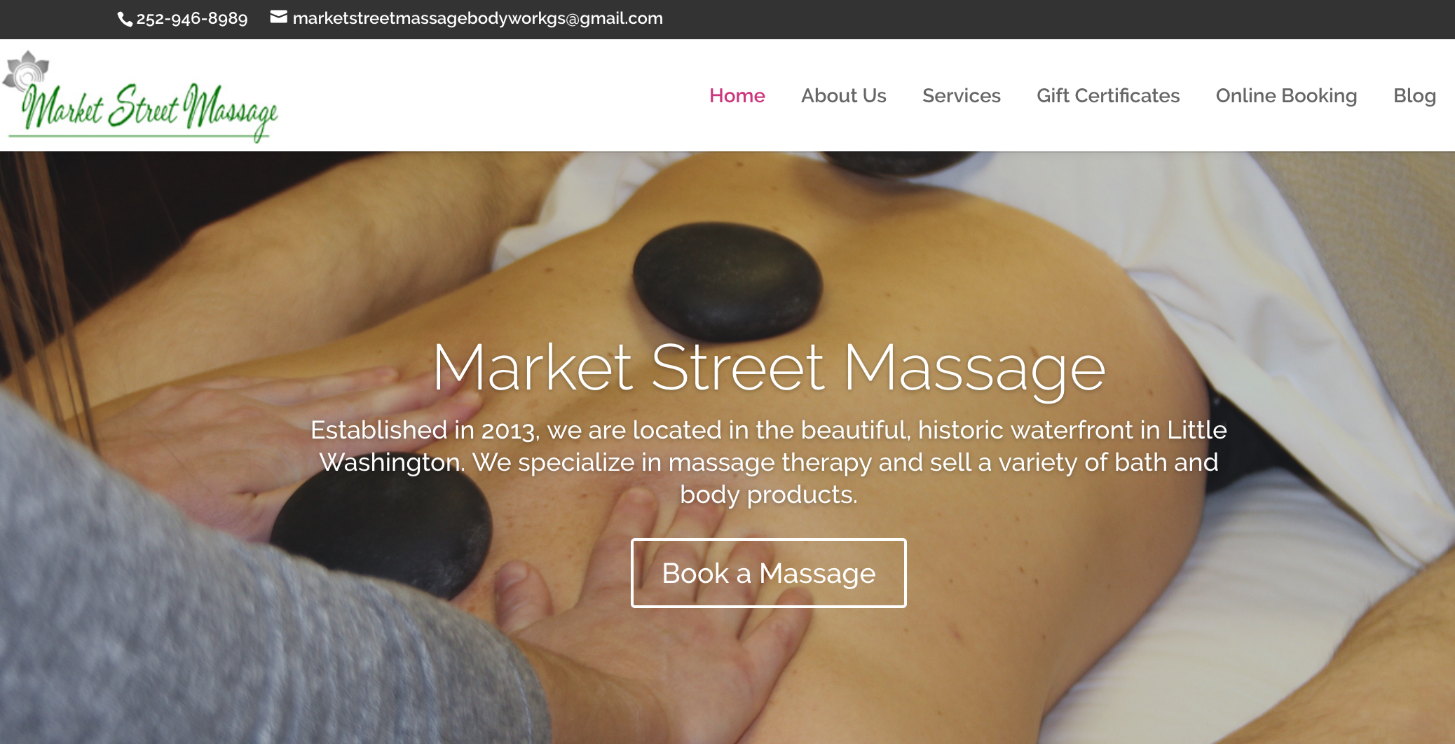 A screenshot of the Market Street Massage website, published to 