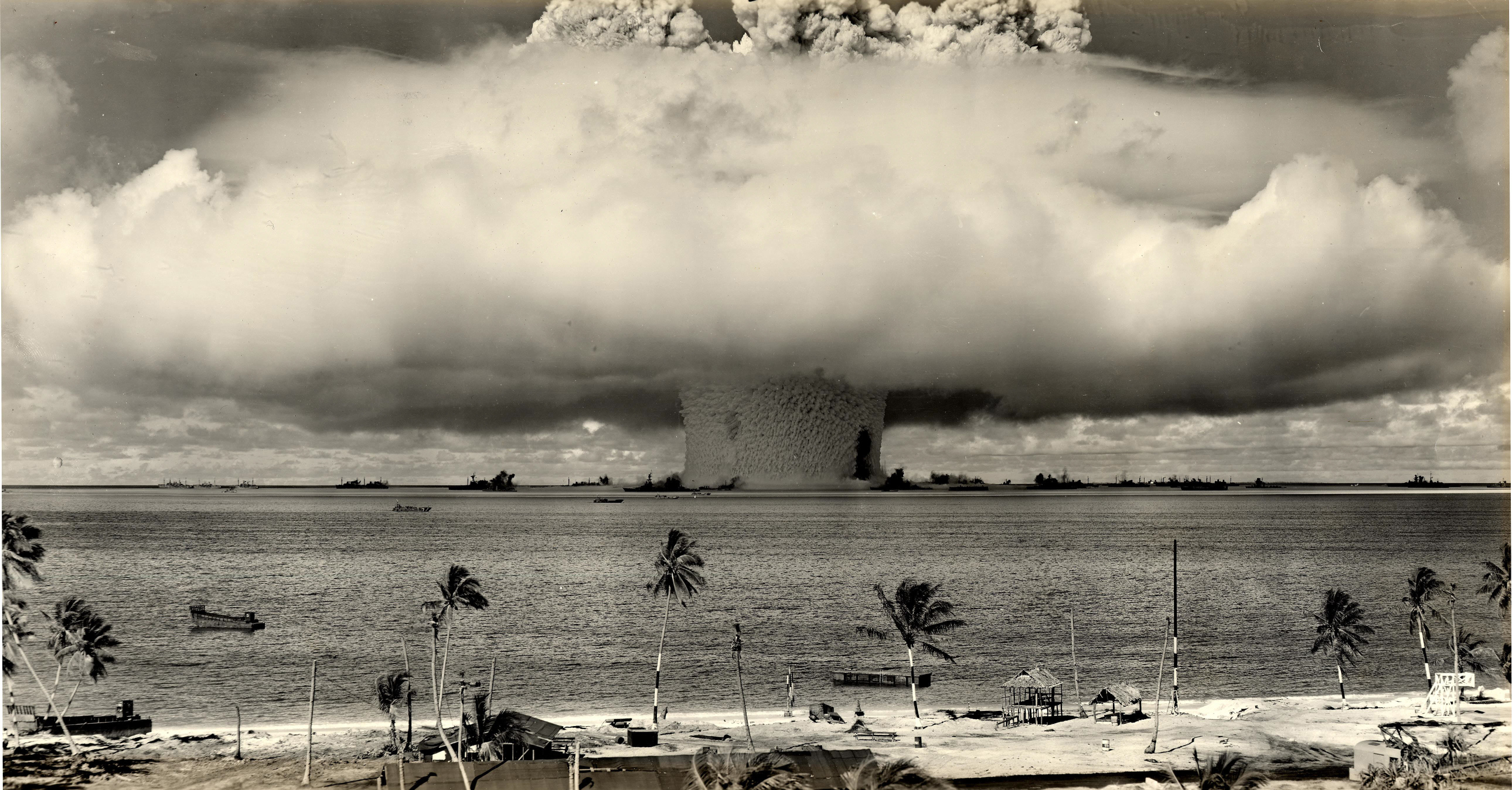 A black and white photo of an atomic bomb going off, published to: 