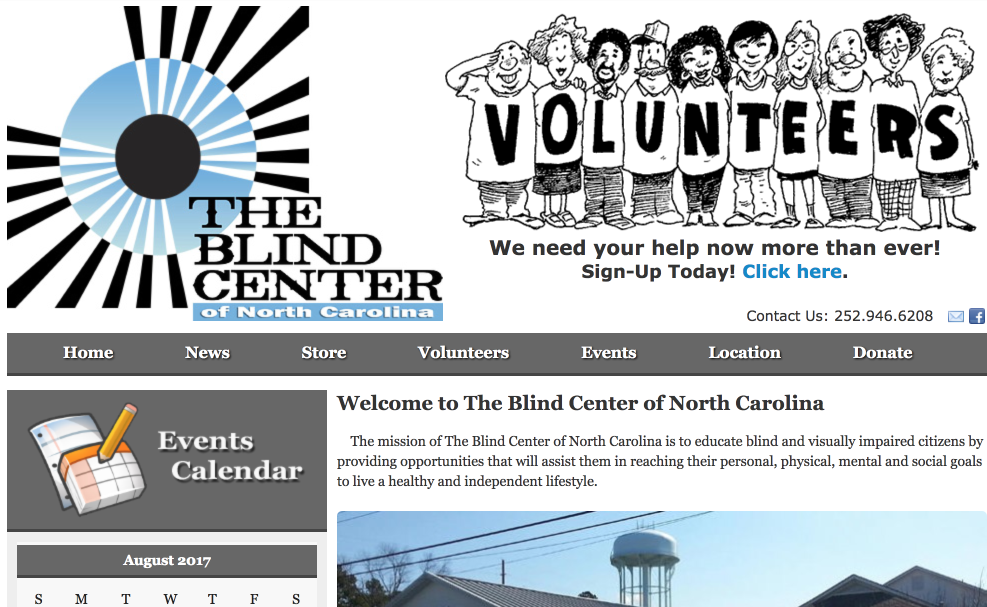 A screenshot of the old Blind Center website, published to "Web Design, WordPress, and Graphic Design for the Blind Center"