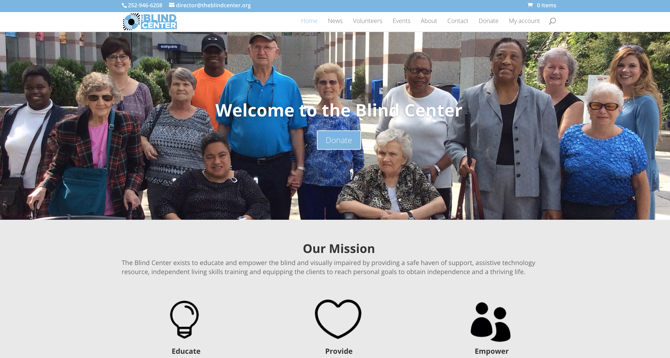 A screenshot of the new Blind Center website, published to "Web Design, WordPress, and Graphic Design for the Blind Center"