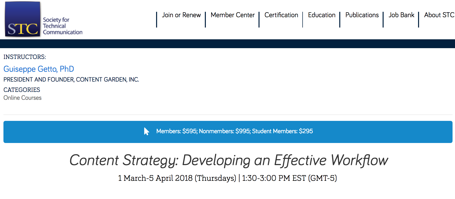 A screenshot of the course "Content Strategy: Developing an Effective Workflow" on the STC website, published to "Learn Content Strategy: Online Class for the Society for Technical Communication"