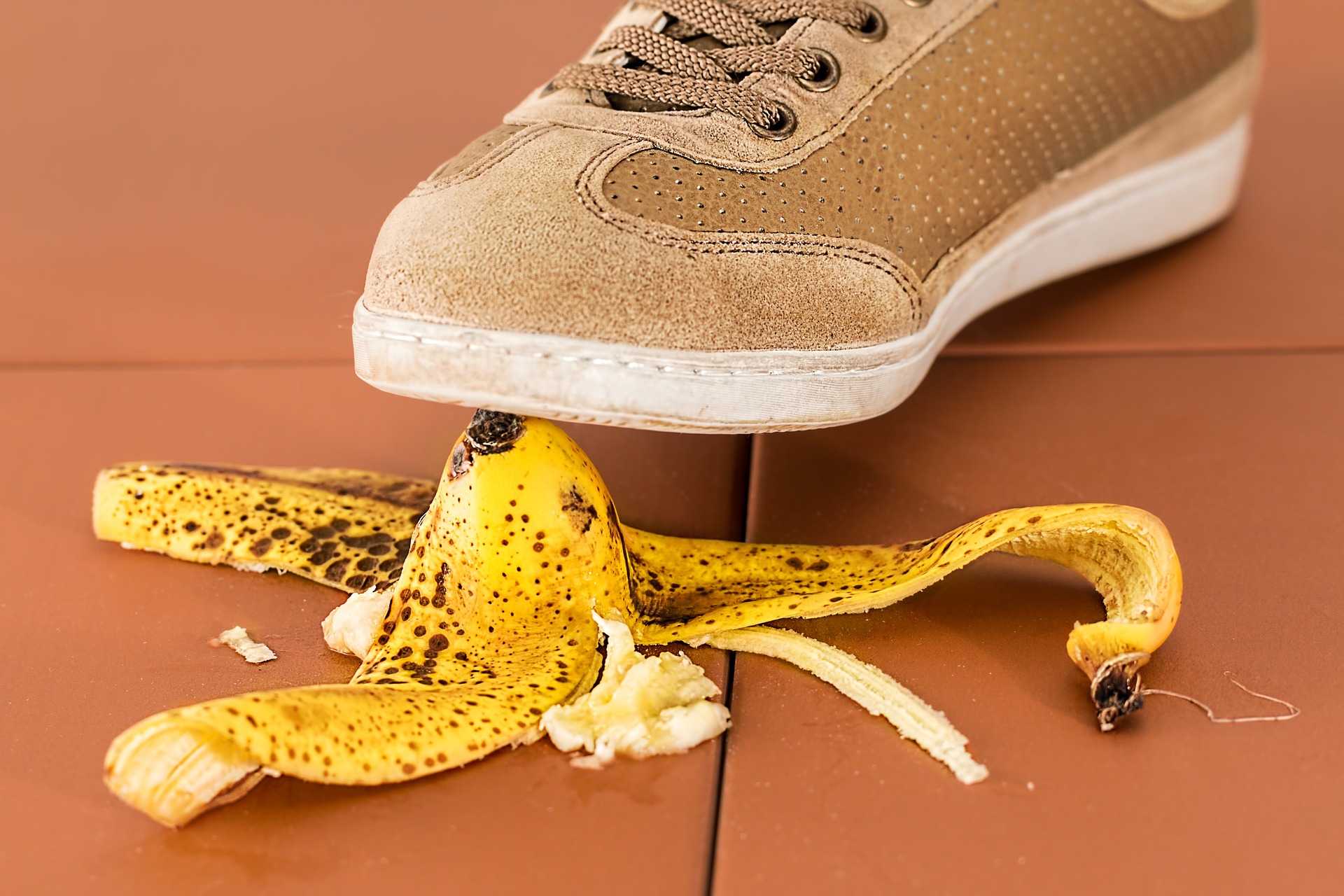 A shoe coming down on a banana peel, published to: 