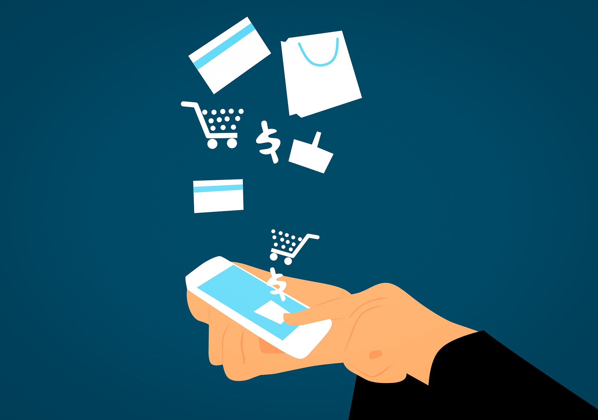 An illustration of a smartphone with shopping carts, credit cards and other items coming out of it, published to: "3 Tips for Running Small Business Email Marketing Campaigns"