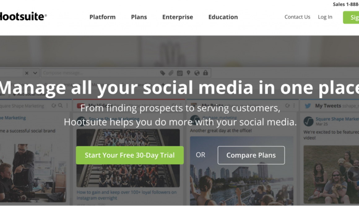 The Hootsuite homepage, published to: 